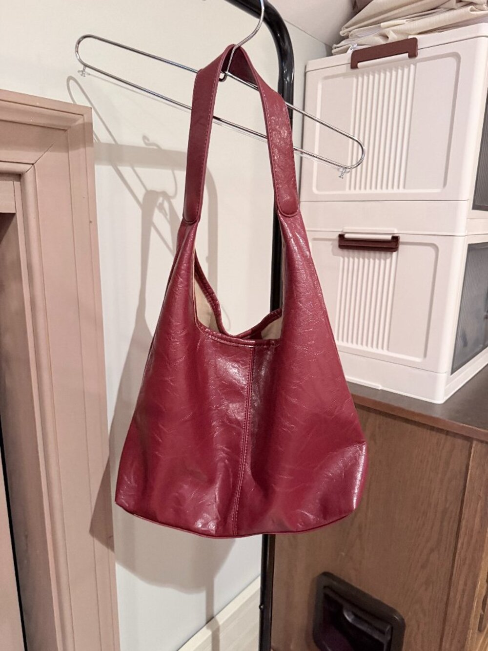 Burgundy Faux Leather Slouchy Hobo Shoulder Bag + Pouch